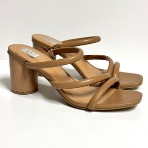 Dolce Vita Minnee Patent Tube Strappy Sandals Sz 10 Tan Chunky Heels Square Toe